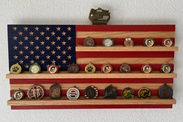 usa wood flag with running medals