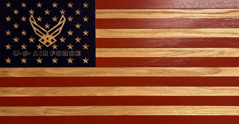 usa wood flag with Air Force emblem in union. air force wood flag
