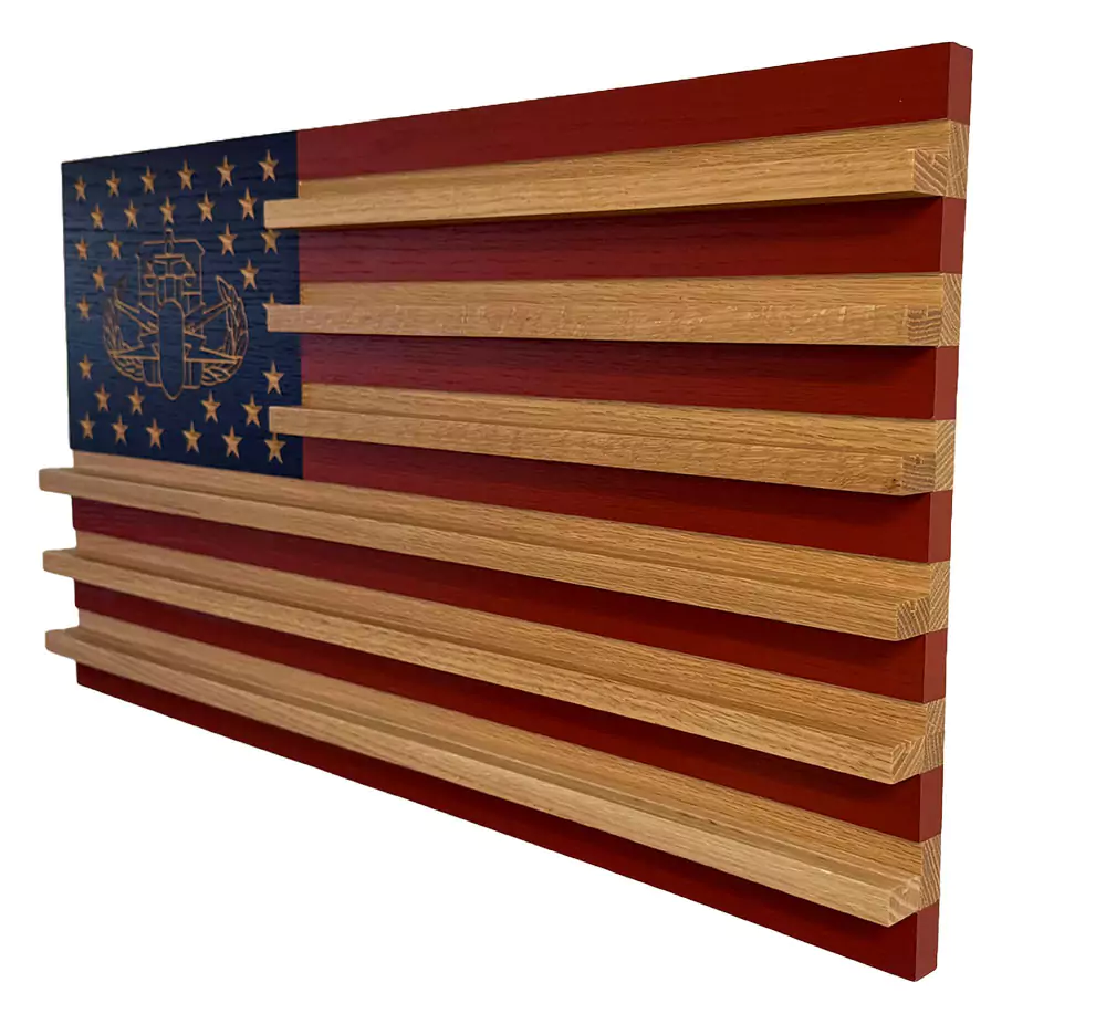 side view of usa challenge coin wood flag with bomb tech crab in the union