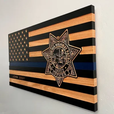 side view of thin blue line chp wood flag for the California highway patrol