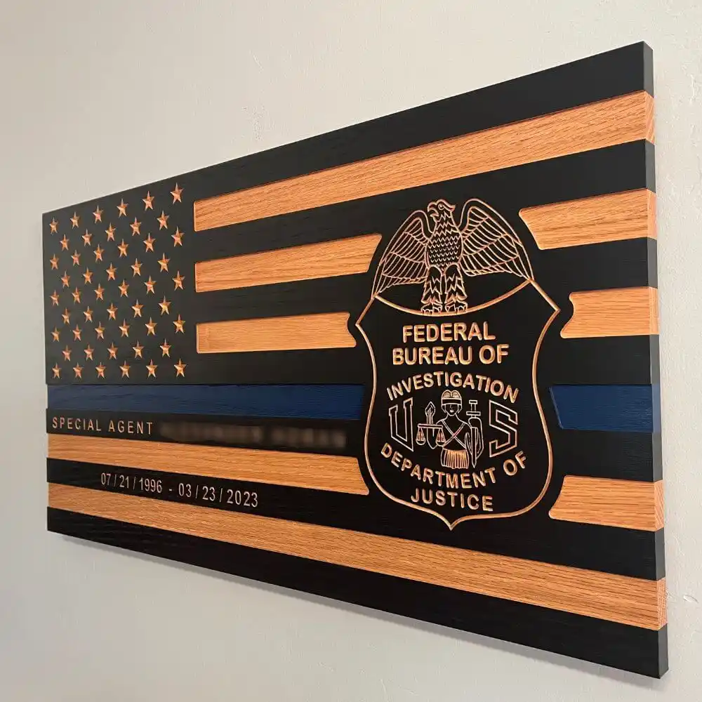 side view of thin blue line wood flag with fbi badge