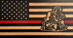 thin red line wood flag with fire firefighter in fire attack position