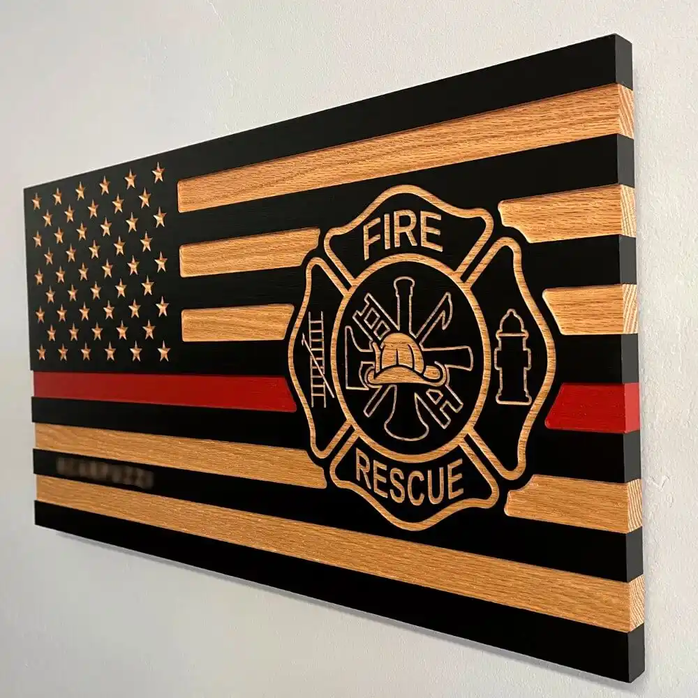 side view of thin red line wood flag with fire department Maltese cross