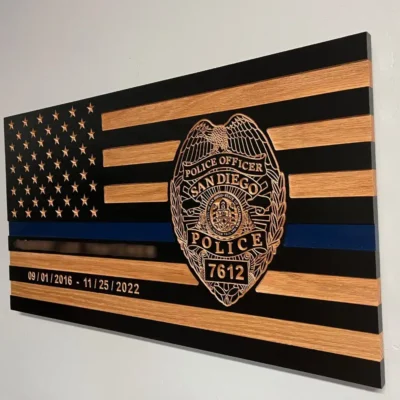 Side view of San Diego Police Department (SDPD) wood flag with badge