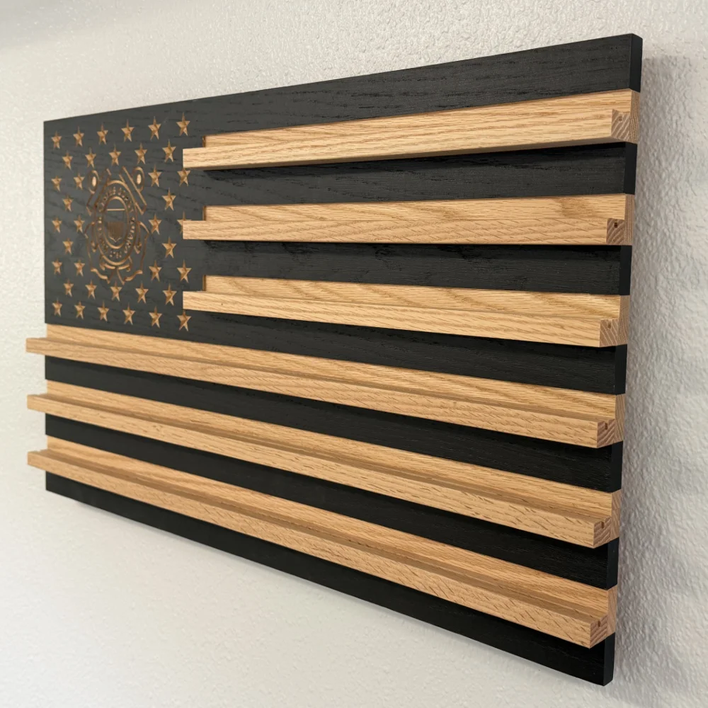 side view of coast guard challenge coin wood flag