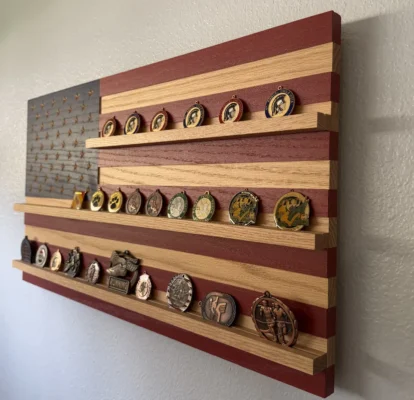 side view of usa challenge coin wood flag for coins or medals