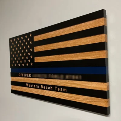 side view of thin blue line wood flag