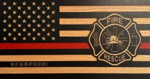 thin red line wood flag with fire department maltese cross