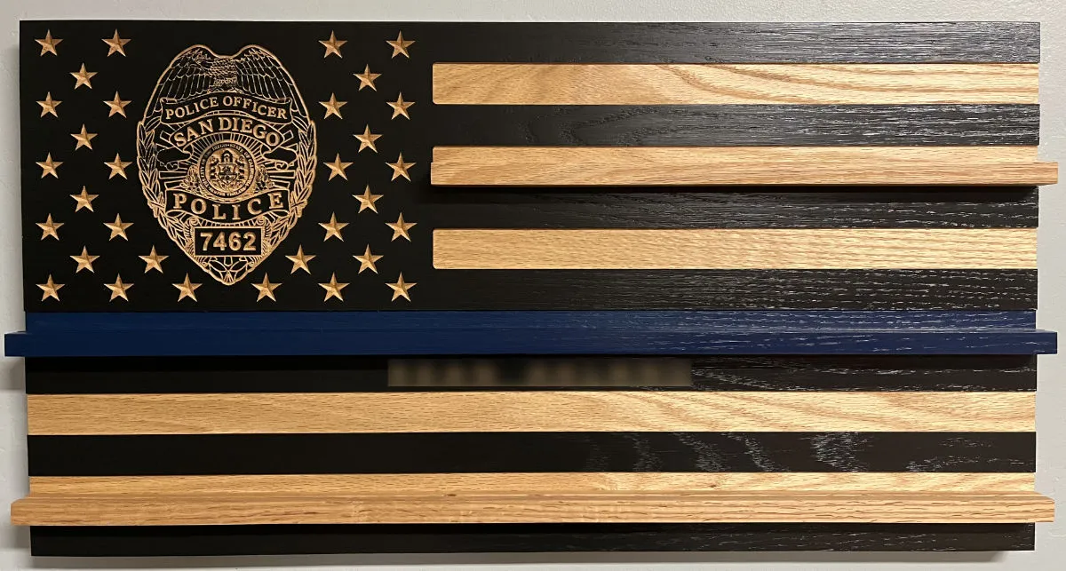sdpd wood challenge coin flag with badge in the union