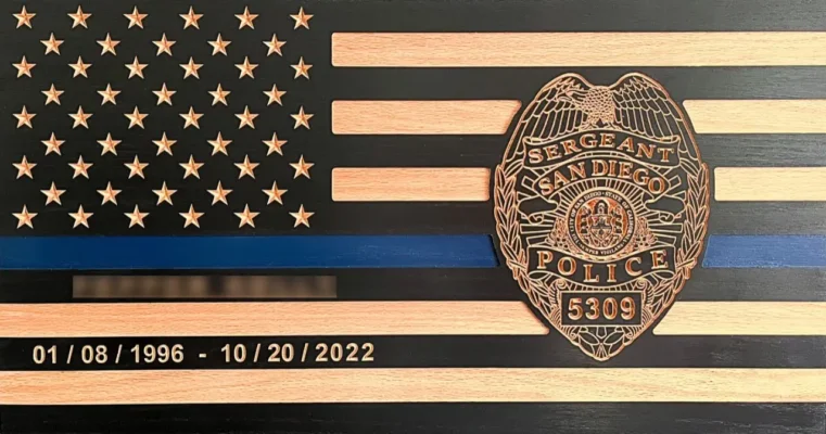 San Diego Police Department (SDPD) thin blue line wood flag with badge