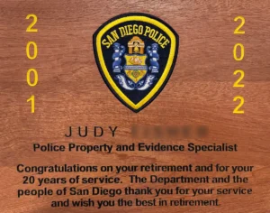 sdpd plaque with a recessed sdpd patch.